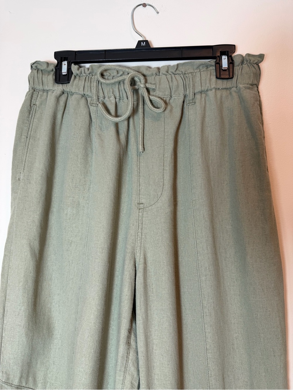 Risen Linen Blend Light Oilive Green Paperbag Drawstring Pants Size Large - Picture 2 of 11